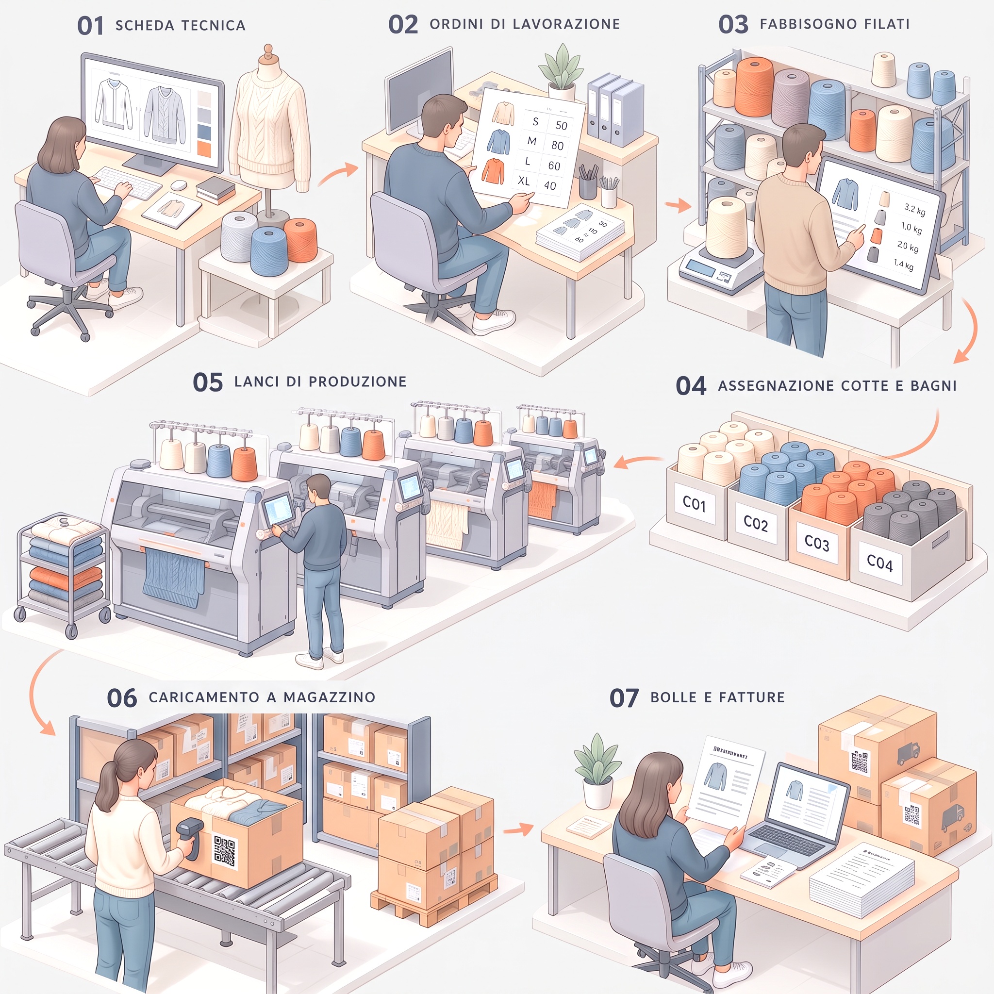 I 7 step di Maglia Project MRP: scheda tecnica, ordini di lavorazione, fabbisogno filati, assegnazione cotte e bagni, lanci di produzione, caricamento a magazzino, bolle e fatture